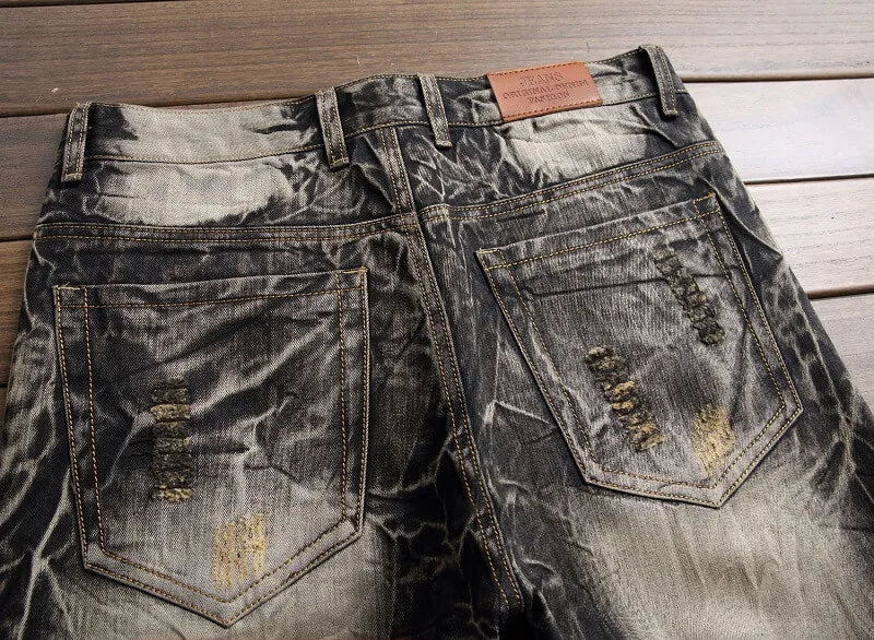Embroider Straight Pants Men's Ripped Jeans Mid Waisted Jeans