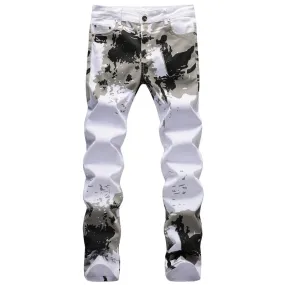 Fashion Camo Printed Jeans Mid Waist Straight Pants For Men