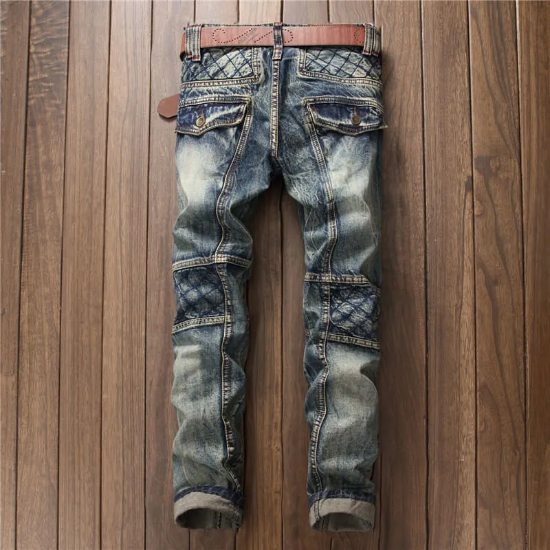 Fashion Vintage Mid Waist Straight Pants Men's Patchwork Jeans