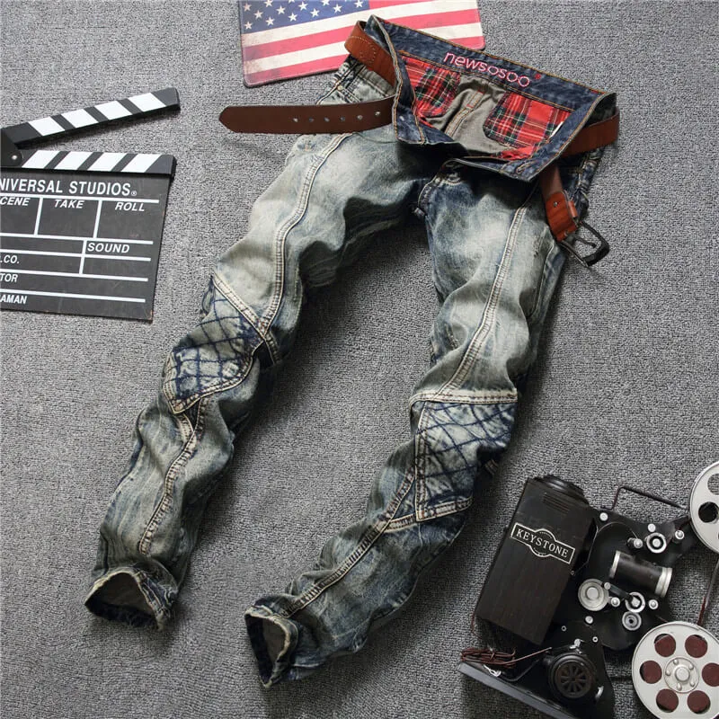 Fashion Vintage Mid Waist Straight Pants Men's Patchwork Jeans