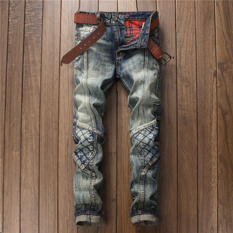 Fashion Vintage Mid Waist Straight Pants Men's Patchwork Jeans