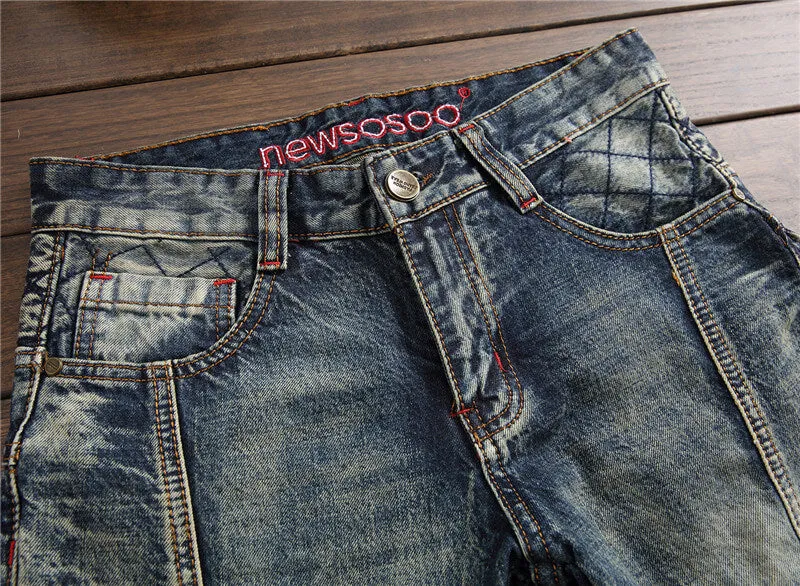 Fashion Vintage Mid Waist Straight Pants Men's Patchwork Jeans