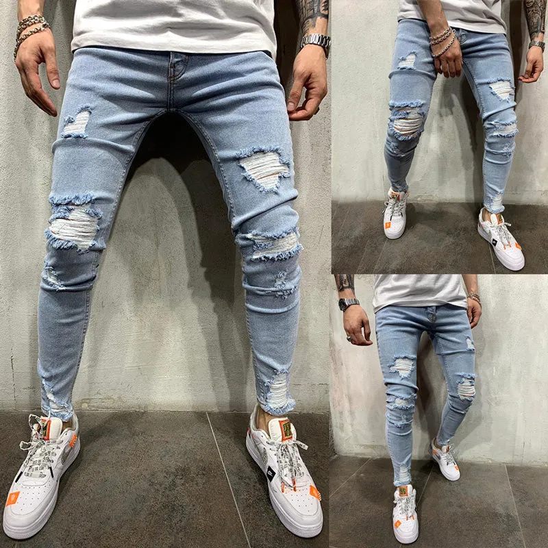 Men's Mid Waisted Jeans Skinny Ripped Jeans Pencil Pants