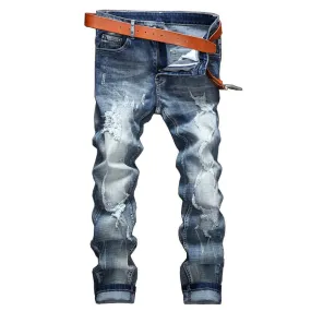 Slim Elasticity Men's Ripped Jeans Mid Waist Jeans Straight Pants